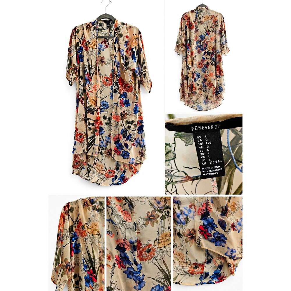 Forever 21 Women's Floral Sheer Chiffon Open Front Kimono 3/4 Sleeve Size L.